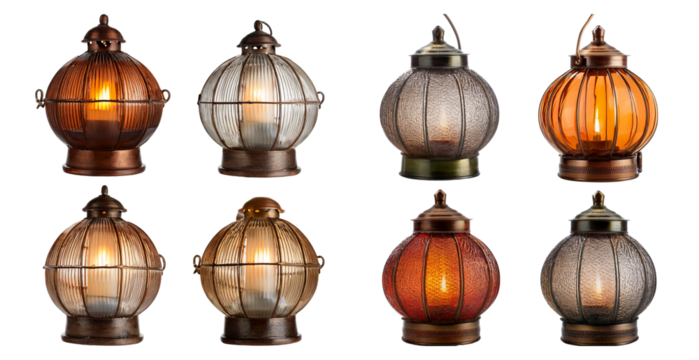 Vintage style bronze lanterns in various glass textures and colors isolated on transparent background