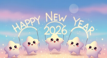 Five adorable cartoon star characters celebrate the upcoming new year 2026 with glowing neon signs against a beautiful pastel sky, symbolizing hope and joy for the future