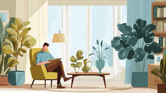 Serene Indoor Reading - Man Relaxing in Armchair Surrounded by Plants, Sunlight.