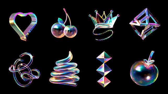3d glass holographic y2k abstract shape set - heart, flame, stars, cherry, lightning, crown, chain, arrow, polygon, spiral line, sphere with neon gradient isolated on black background