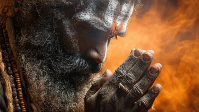 Mystical Sadhu Praying Amidst Fiery Hues of Spirituality and Devotion