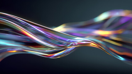 3d iridescent liquid glass ribbon wave line with neon rainbow light texture on abstract black background. Holographic gradient water flow with speed motion effect. Digital tech banner. 3D illustration