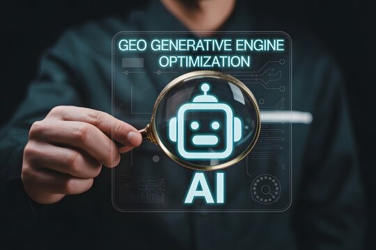 Person using a magnifying glass to inspect an artificial intelligence robot head with the text geo generative engine optimization