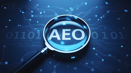 Magnifying glass highlighting the aeo acronym on a dark blue digital background, symbolizing data analysis, business, and technological focus