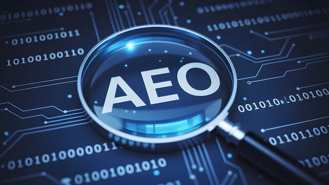Magnifying glass over aeo authorized economic operator text on a digital circuit board, symbolizing global trade compliance and supply chain security