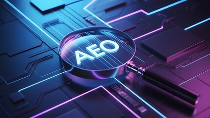 Magnifying glass on a glowing circuit board highlights aeo, representing digital security, data analysis, and tech compliance