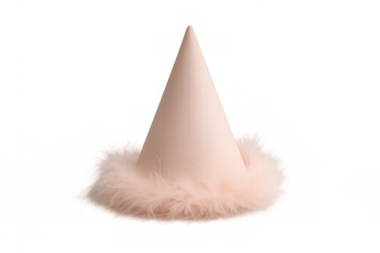 Pink conical party hat featuring a soft feather trim. Perfect for birthdays, celebrations, and festive events, isolated with transparent background