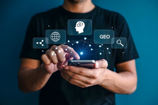 Man using a smartphone, surrounded by glowing digital icons for network, user profile, geolocation, and search, representing data and technology - Powered by Adobe