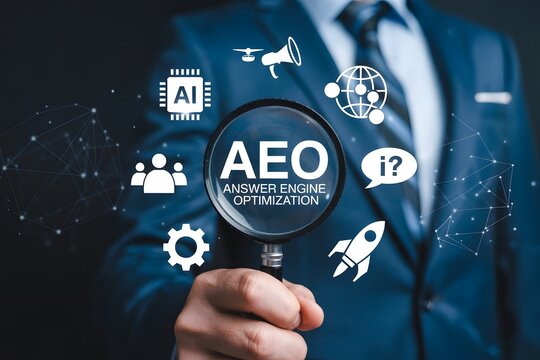 Businessman holding a magnifying glass with aeo assisted engine optimization, surrounded by ai, global strategy, and digital tech icons - Powered by Adobe
