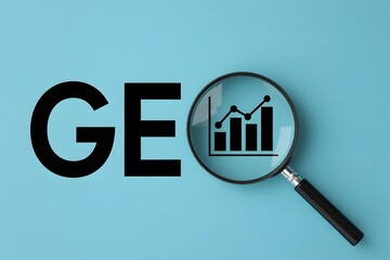 Geographic analysis and data growth concept with geo text and a magnifying glass showing a rising bar chart on a blue background