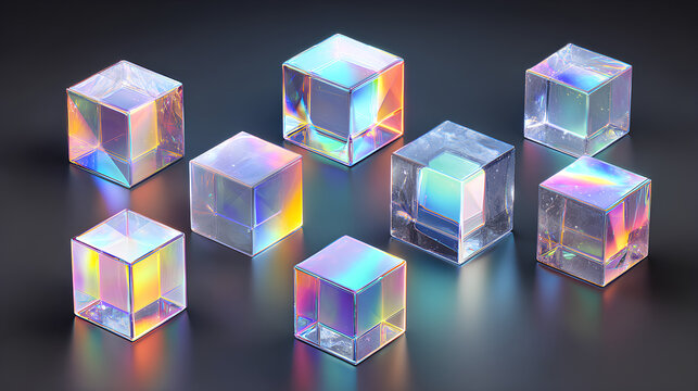 3d set of crystal light holographic glass cube render icons. Abstract geometric transparent block shapes with hologram gradient and dispersion effect. Isolated glossy square objects Stock Illustration