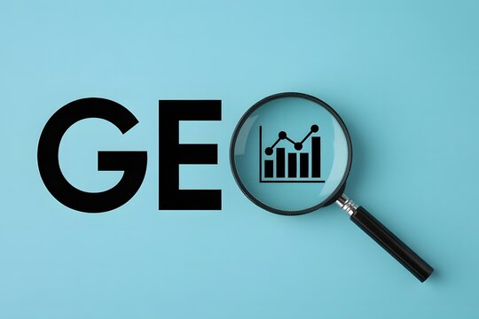 Analyzing geographic data and business trends with a magnifying glass showing a bar chart icon alongside the letters ge on a blue surface