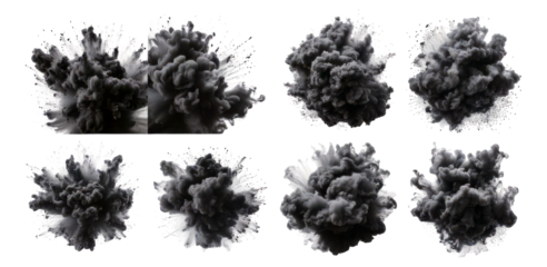 Dramatic Black Smoke Explosion Effects for Backgrounds and Designs, Isolated on Transparent, white background