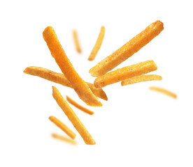 French fries levitate on a white background