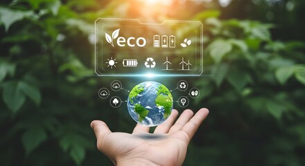 Hand holding a glowing earth with ecofriendly icons and eco text, symbolizing environmental protection, sustainability, and green energy