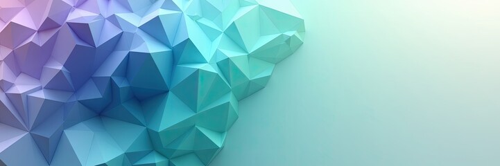 Obraz premium Geometric low poly structure displays a complex interplay of facets and angular shapes, transitioning through shades of blue, teal, and purple, with soft gradients and light, creating a modern,...