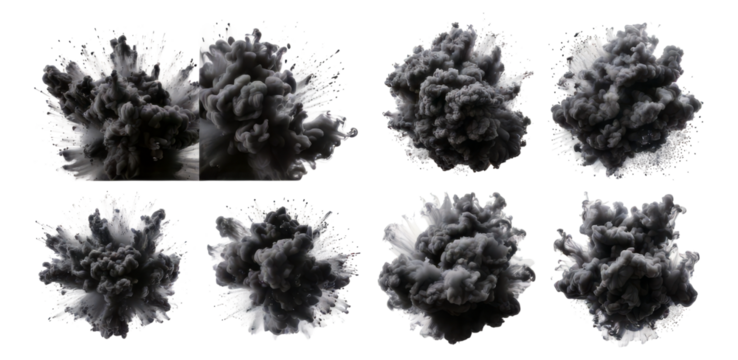 Dramatic Black Smoke Explosion Effects for Backgrounds and Designs, Isolated on Transparent, white background
