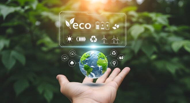 Hand holding a glowing earth with ecofriendly icons and eco text, symbolizing environmental protection, sustainability, and green energy