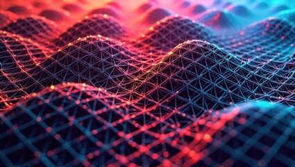 Abstract digital network with interconnected lines and glowing dots creates a three-dimensional topographic-like display, offering a mesmerizing, vibrant composition of blue and red tones, simulating.