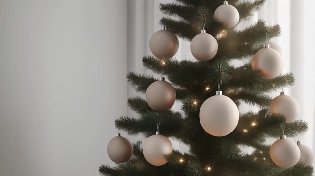 Minimalist Christmas tree decorated with simple elegant ornaments in clean modern interior style