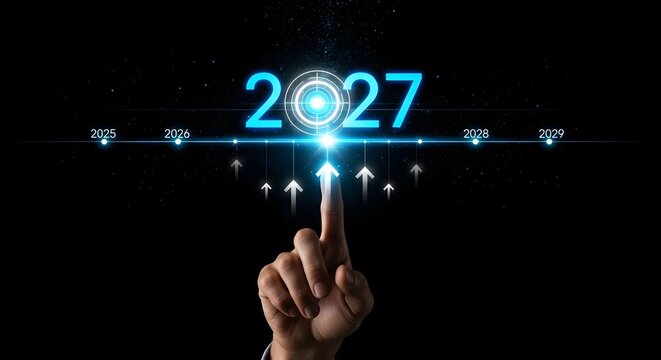 Finger pointing to the glowing digital number 2027 on a dark background, illustrating future planning, business growth, and innovation