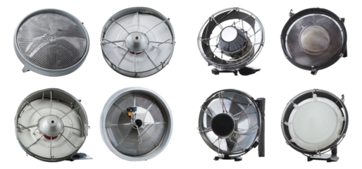 Various Types of Industrial Fans and Blowers for Air Circulation, Isolated on Transparent Background