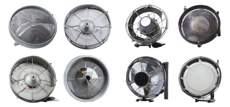 Various Types of Industrial Fans and Blowers for Air Circulation, Isolated on Transparent Background