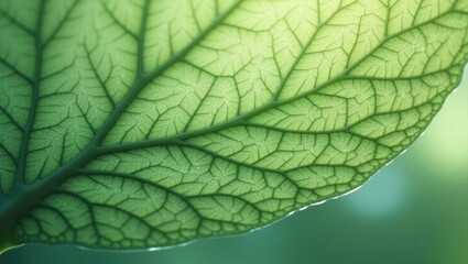 Fototapeta premium Detailed macro photography showcases a vibrant green leaf, revealing intricate veins and textures, with a soft focus background, creating a serene and natural composition.