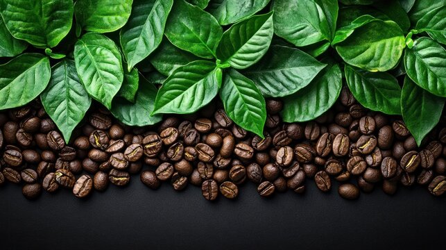 Fresh coffee beans and leaves on dark background - Powered by Adobe