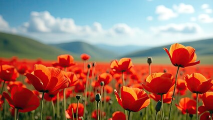 Naklejka premium Vibrant field filled with numerous vivid red poppies blooming gracefully, bathed in warm sunlight beneath a clear blue sky dotted with soft white clouds, mountains stand serenely in the distance...