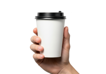 Hand holding disposable coffee cup with black lid in transparent background