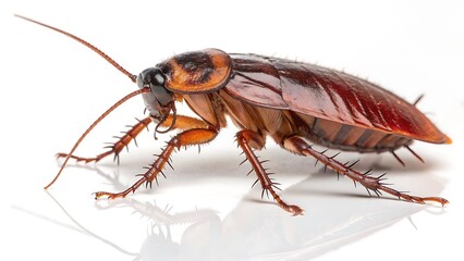Closeup macro shot of a common brown cockroach insect isolated on white background, pest control concept