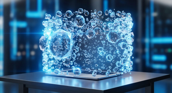 Abstract concept of digital innovation with glowing blue data bubbles emerging from a futuristic laptop screen