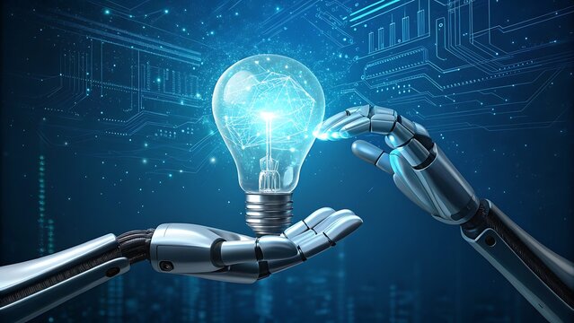 Two robotic hands holding and illuminating a glowing light bulb against a dark blue background with digital circuit patterns, symbolizing artificial intelligence and innovation