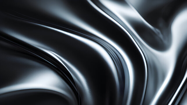 Abstract luxury black and silver liquid background with smooth metallic surface and soft glossy reflections, ideal for premium product mockups, cosmetic branding, or high end tech presentation scene