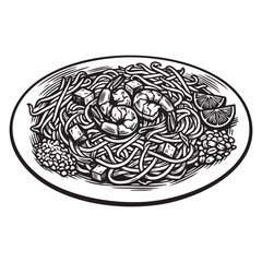 Plate of Shrimp Pad Thai Noodles Engraving Vector Illustration