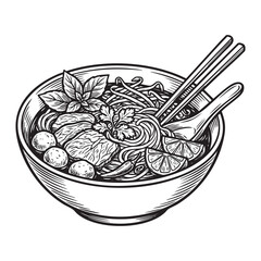 Steaming Bowl of Vietnamese Pho Soup Engraving Vector Illustration