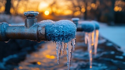 Frozen water pipes at sunrise