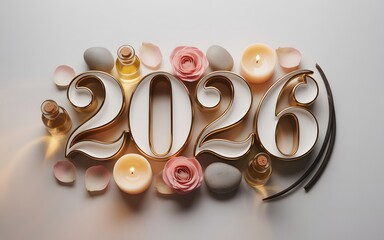 Numbers 2026 with essential oil candles stones roses and petals