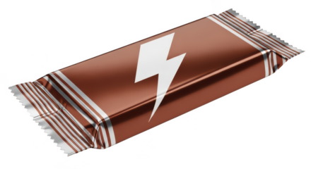 Chocolate bar wrapper with lightning bolt power symbol in transparent background
