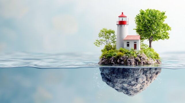 A lighthouse stands on a small, rocky island covered in greenery, surrounded by the ocean with its reflection visible below the water's surface.