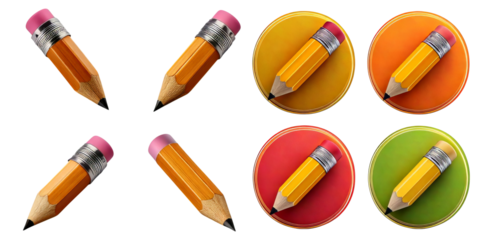 Colorful Pencils with Erasers on Bright Circular Backgrounds, Isolated on Transparent, white background
