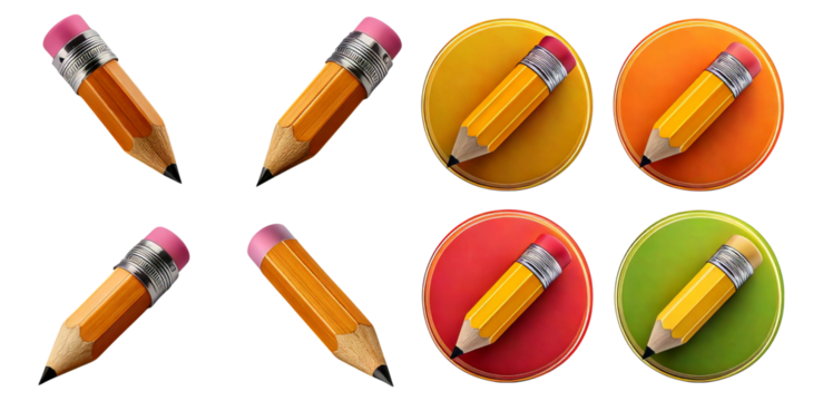 Colorful Pencils with Erasers on Bright Circular Backgrounds, Isolated on Transparent, white background