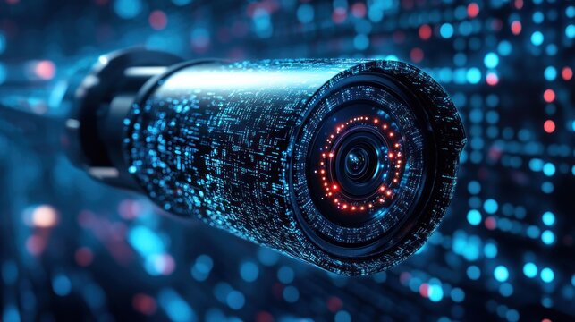 Futuristic surveillance camera with digital circuit overlay - Powered by Adobe