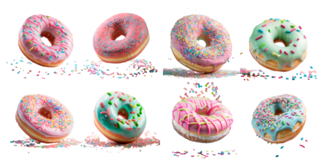 Colorful frosted donuts with sprinkles in various designs isolated on transparent background