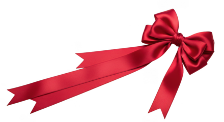 Red satin ribbon with bow and flowing tails in transparent background
