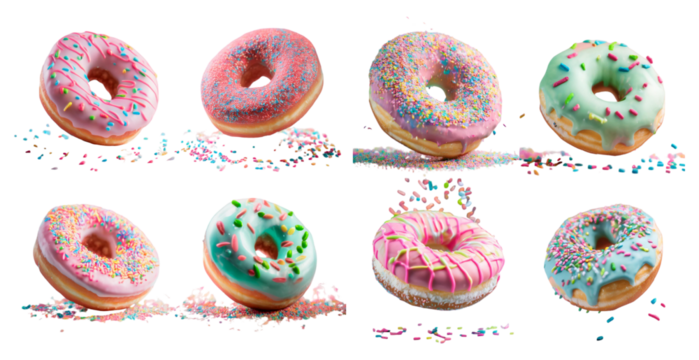 Colorful frosted donuts with sprinkles in various designs isolated on transparent background