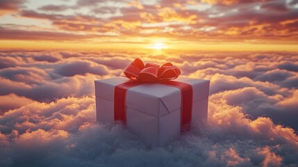 Gift box on clouds at sunset