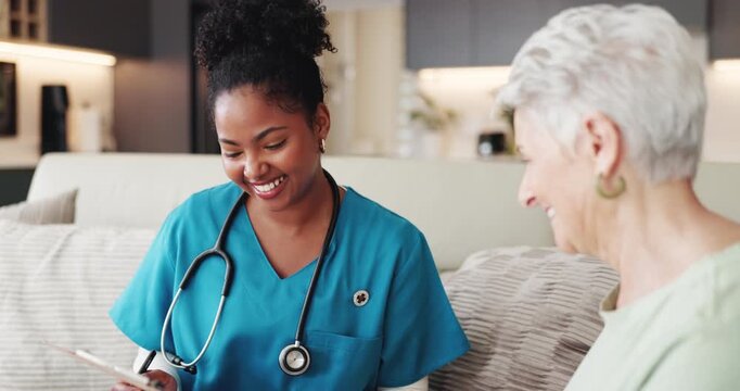 Clipboard, results and nurse with senior woman for consulting, advice and medication schedule in home. Healthcare, document and caregiver with mature person on sofa for discussion and prescription