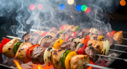 Delicious grilled meat and vegetable skewers cooking over an open flame with smoke.